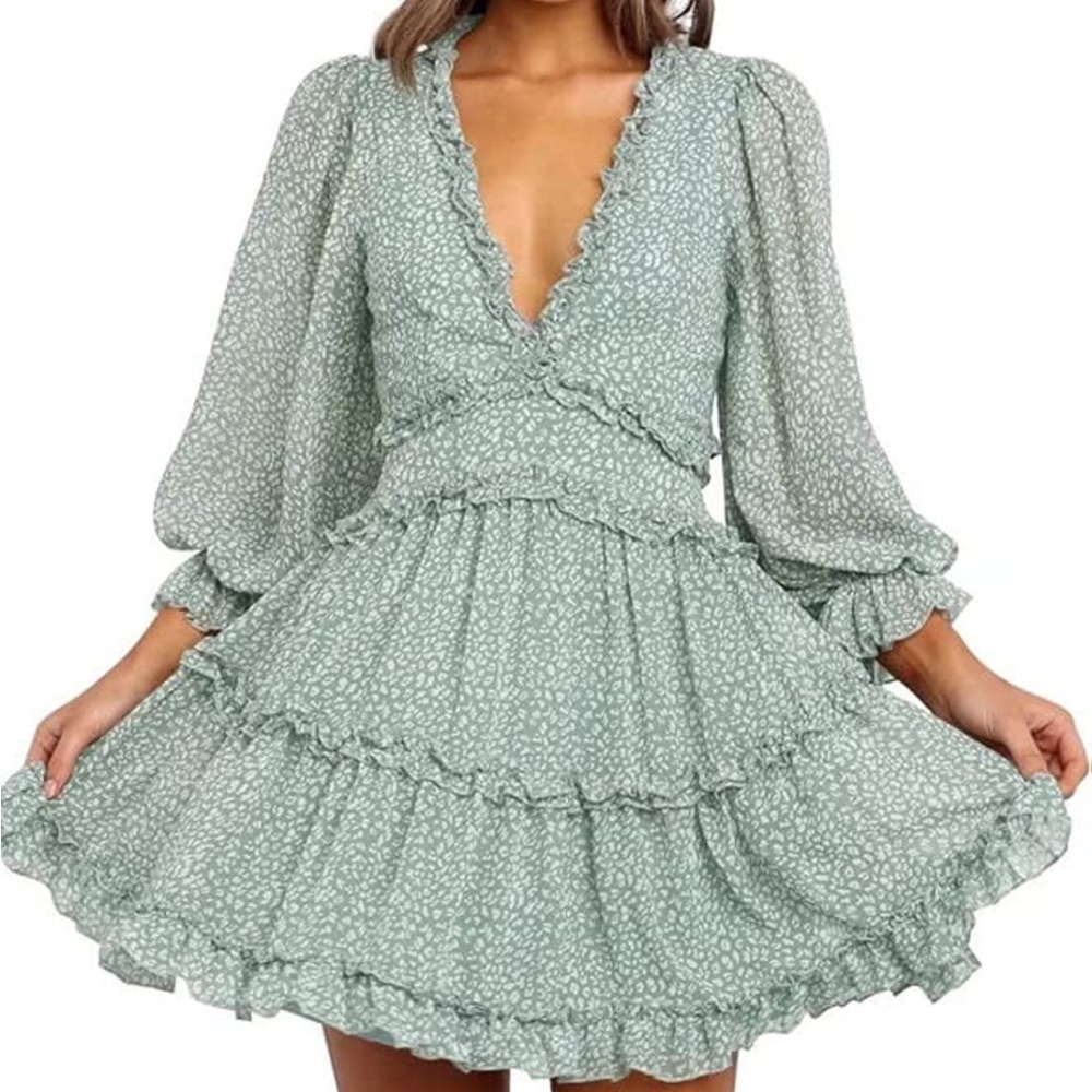 Dokotoo Women 2023 Spring Summer Deep V Neck Long Sleeve Floral Print Mini Dress